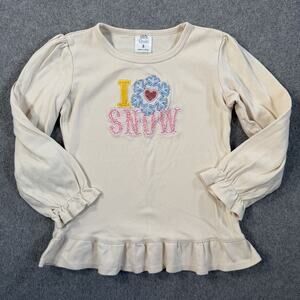 ARB Blanks Girls Size 8 I Love Snow Embroidered Long Sleeve Ruffle Hem Top Beige